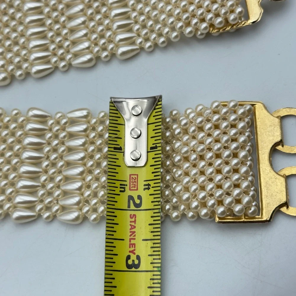 Vintage Faux Pearl Belt Cream Woven Elastic Gold Clasp 31 Inch Waist Statement